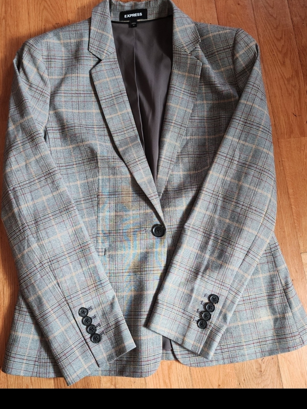 Express Women's Plaid Single-Button Blazer in Gray with Subtle Tan & Blue Lines